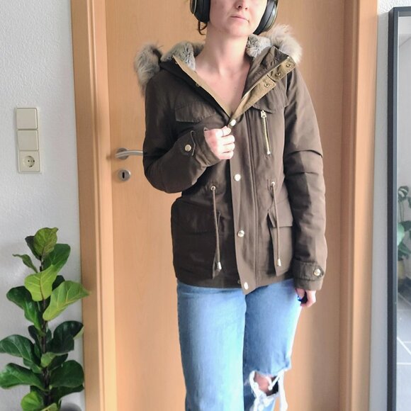 TopShop Jaxson Olive Green Faux Fur Hooded Lined Anorak Peacoat Jacket US Size 2 - Picture 16 of 16